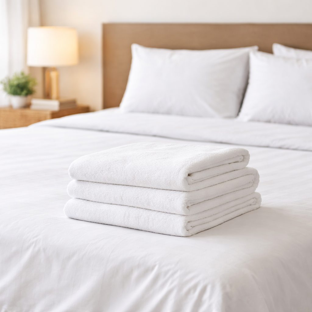 Freshly cleaned and folded towels placed on a neatly made bed for Airbnb and short-term rental laundry service in Phoenix AZ