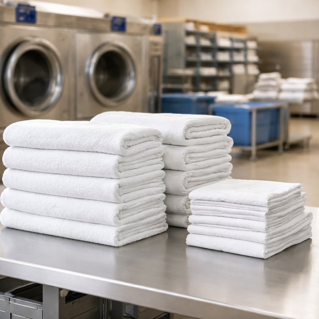 Neatly folded towels and linens stacked in a professional commercial laundry facility in Phoenix AZ