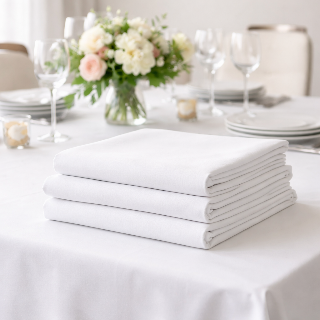 Neatly folded white tablecloths stacked on a dining table for professional tablecloth laundry service in Phoenix AZ