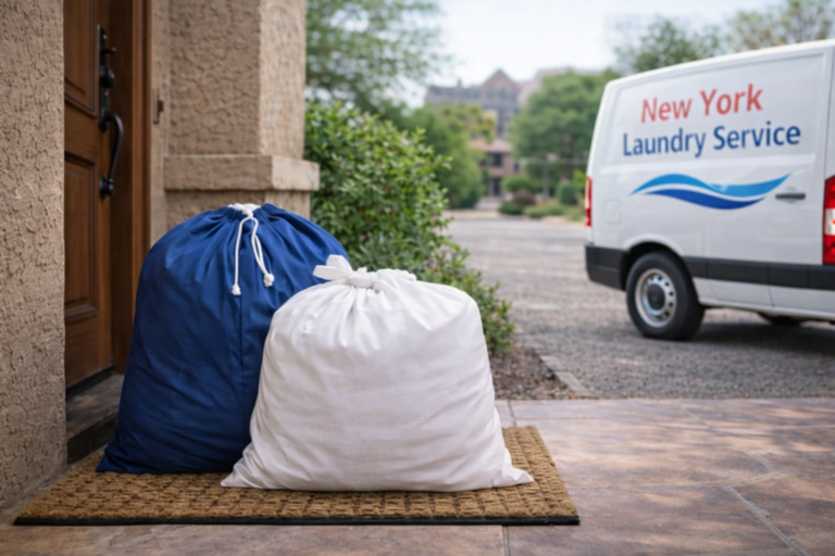 Clean laundry bags delivered to a NYC home by a local laundry service