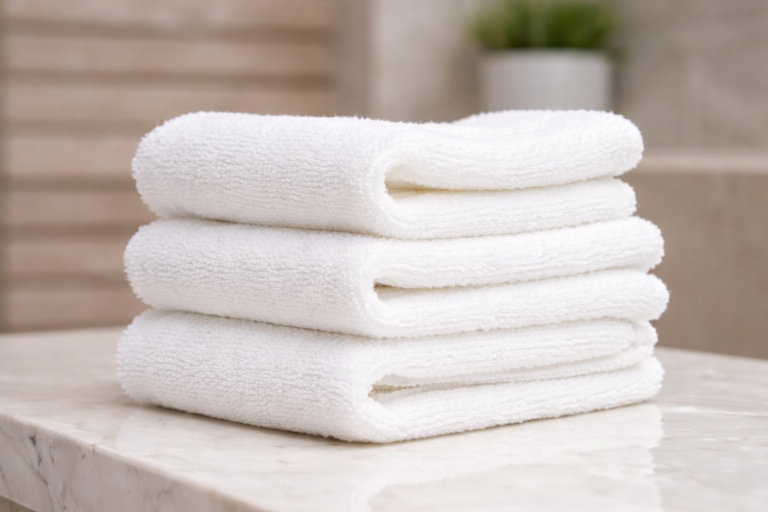 Folded commercial laundry items prepared for business clients