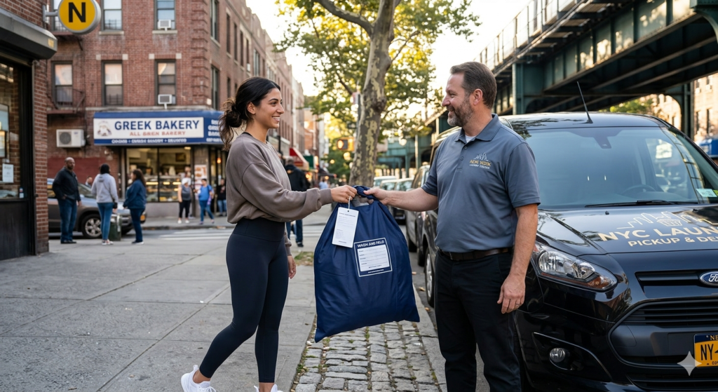 A vibrant street scene in Astoria, Queens, with a resident handing a laundry bag to a professional delivery driver in front of a classic pre-war brick building.