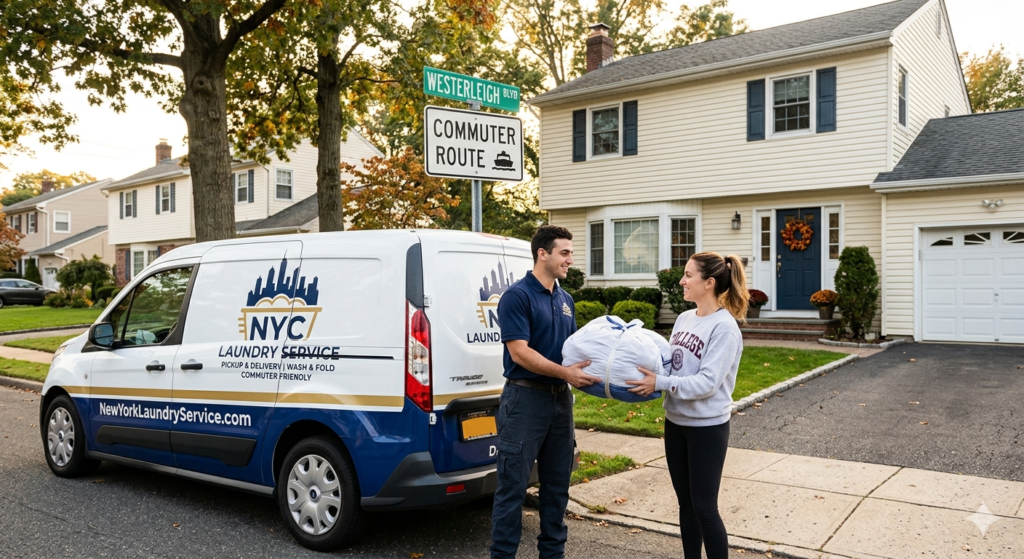 A NewYorkLaundryService.com delivery van parked on a residential Staten Island street, with a driver handing a clean laundry bundle to a resident in front of a colonial-style home.