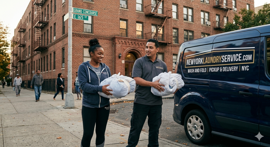 A delivery driver from NewYorkLaundryService.com standing in front of a classic Bronx brick apartment building, handing a fresh bag of laundry to a customer.