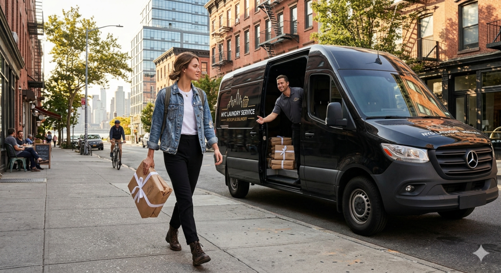 A stylish resident walking down Bedford Avenue with a small laundry bag, symbolizing the ease of professional laundry pickup and delivery in Williamsburg.